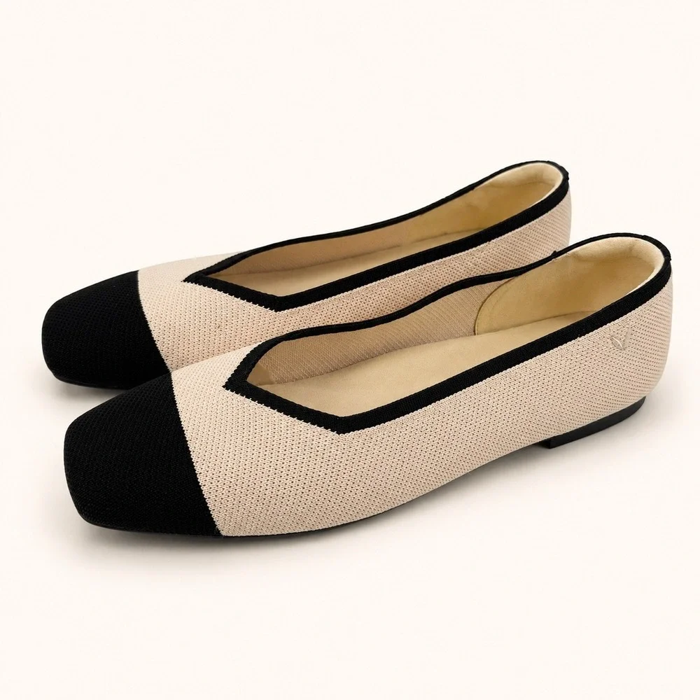 Vivaia Womens 43 Flats Margot 5° Square-Toe Cap-Toe Knit Ivory Black Capsule Eco